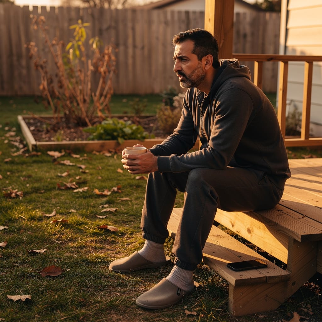 Middle Eastern man on porch sitting with uncomfortable emotions and phone face-down showing distress tolerance needed to stop defensive behavior