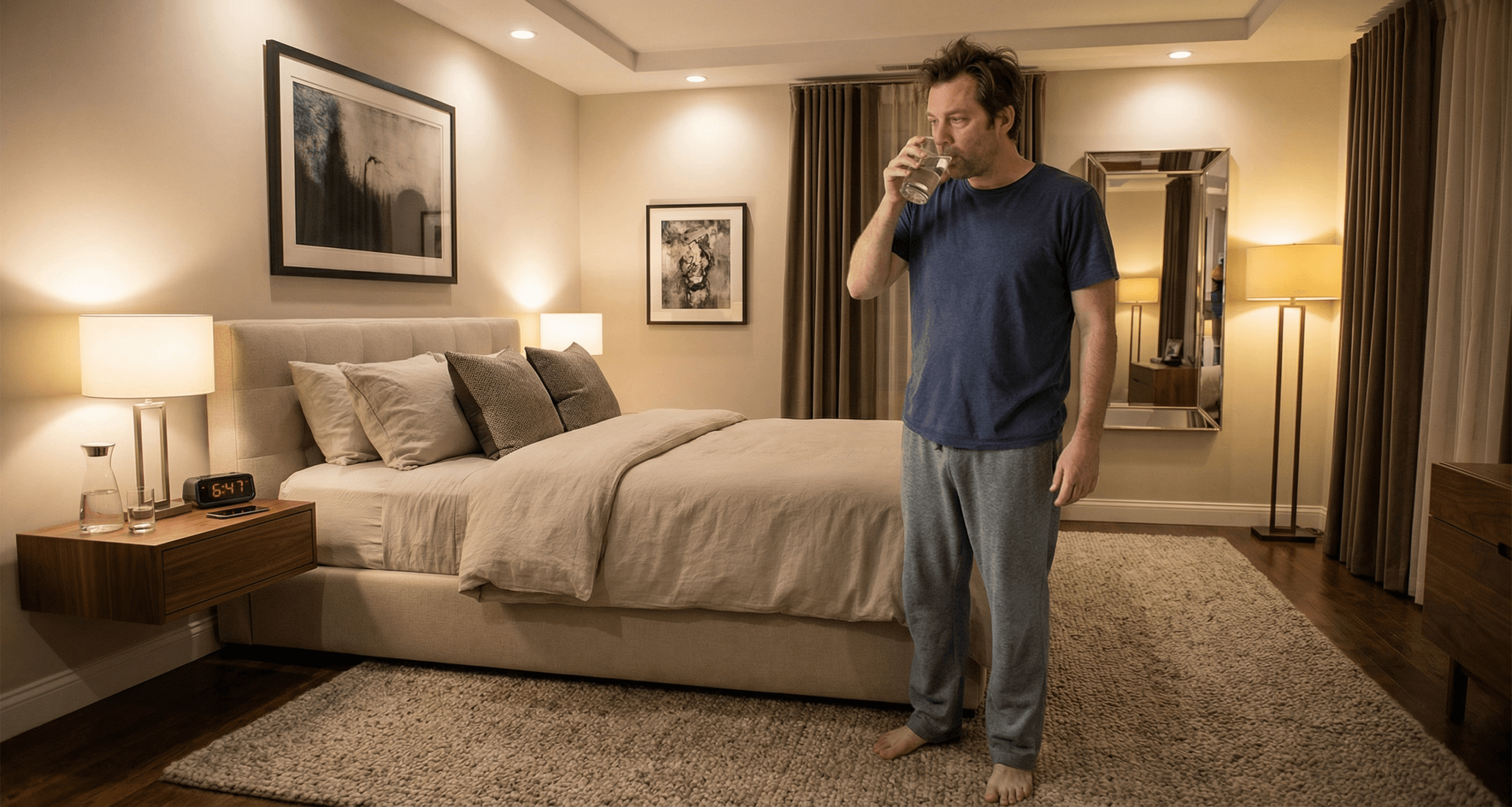 Man drinking plain water in simple bedroom morning showing unglamorous reality versus idealized morning routines of high performers narratives
