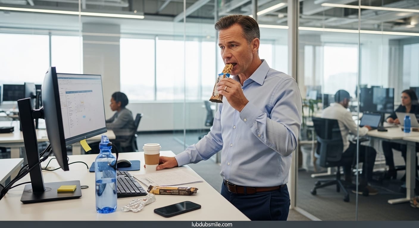 Man eating granola bar hurriedly at standing desk mid-afternoon showing irregular eating pattern that eating as self-care practice prevents