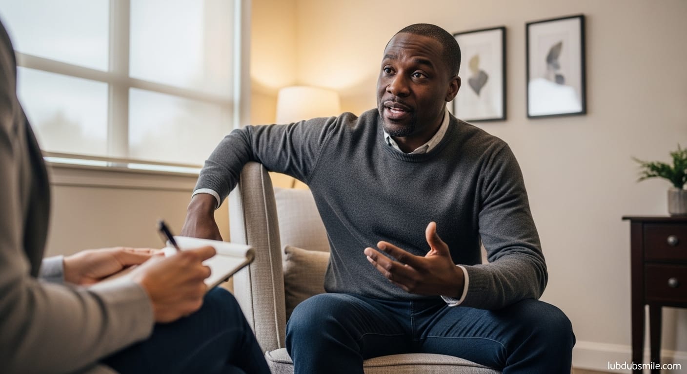 Black man in therapy delivering articulate analysis of his emotions while therapist waits showing intellectualizing defense in high achievers emotional vulnerability