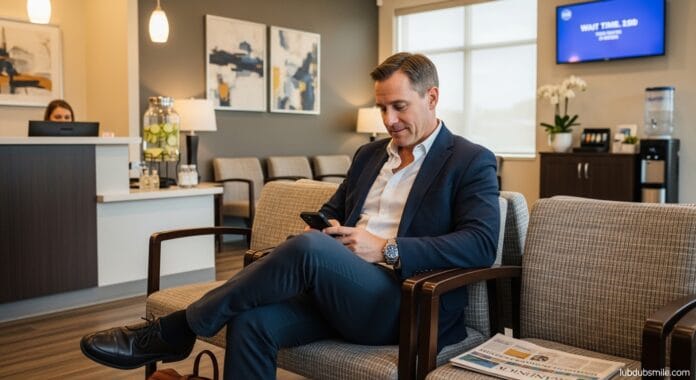 Well-dressed man in upscale medical waiting room raising question of whether concierge medicine vs traditional access justifies annual fee