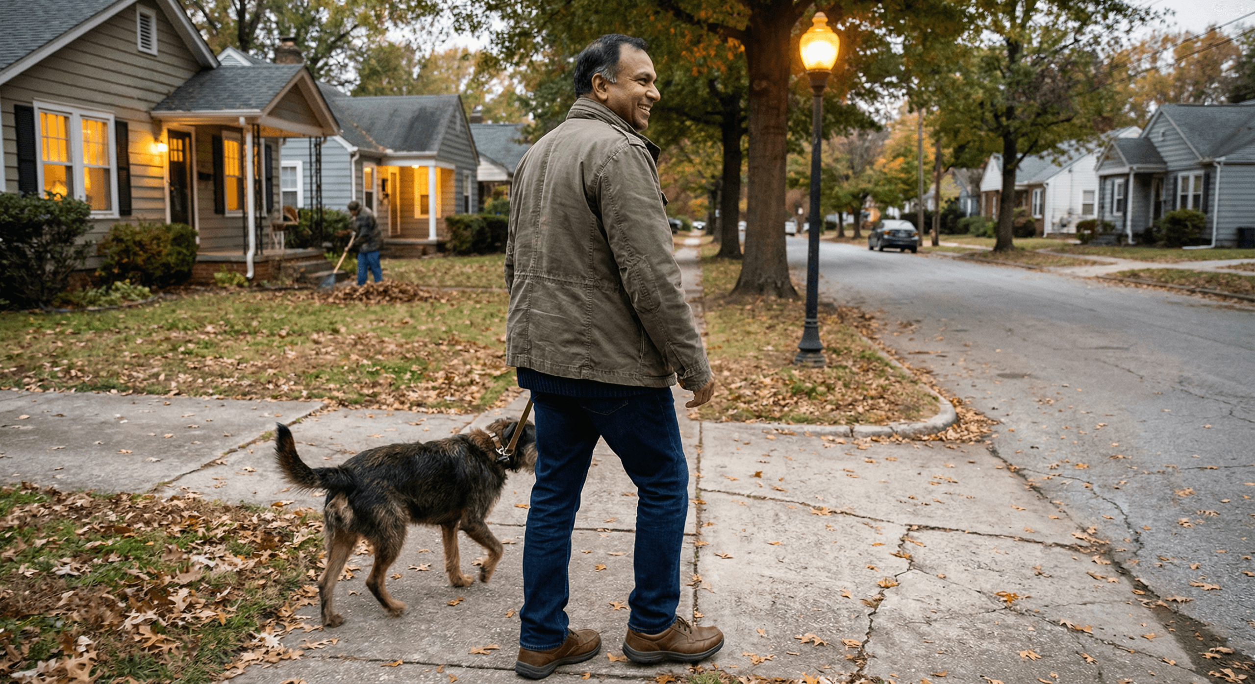 South Asian man walking dog through neighborhood in evening without fitness tracker showing healthy aging without obsession through simple movement