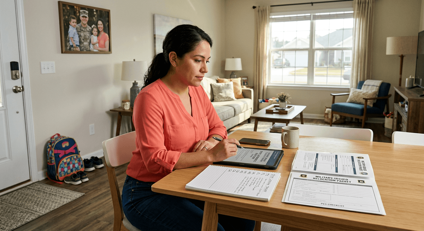 Latina military spouse at dining table researching telehealth therapy across states options with relocation documents and state list beside her