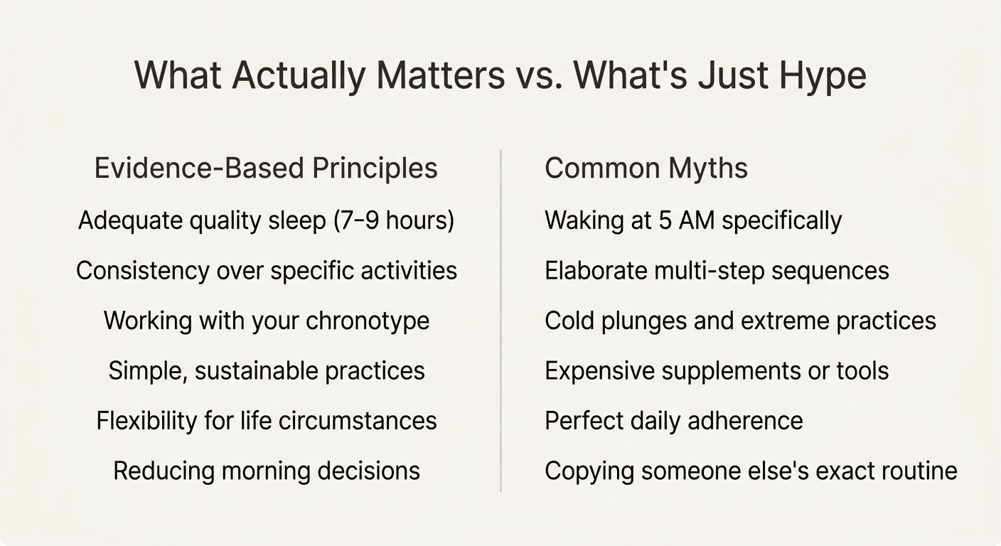 Two-column comparison showing evidence-based morning principles versus common myths in morning routines of high performers advice