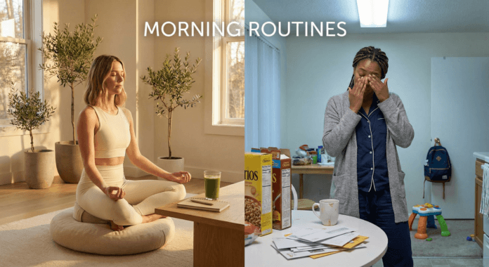 Split screen contrasting serene meditation morning with cluttered caregiving morning revealing privilege gaps in morning routines of high performers