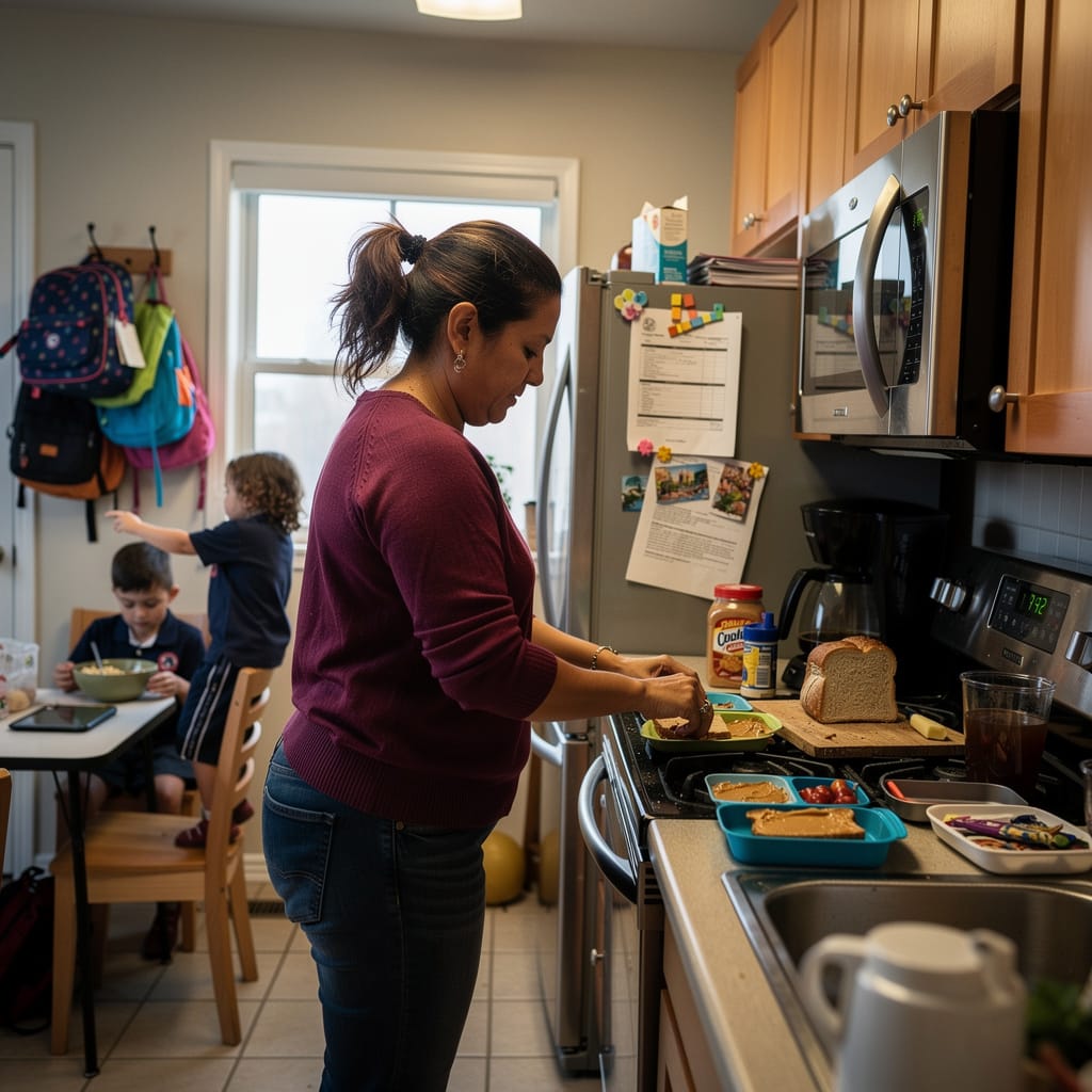 Latina mother multitasking in chaotic morning kitchen with children showing caregiving reality absent from morning routines of high performers advice