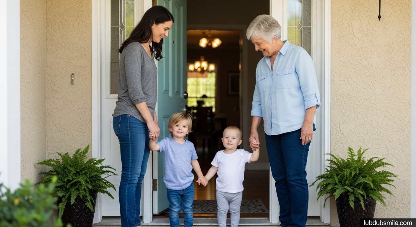 Mother at front door handing children to grandmother showing concrete parental self-care infrastructure of specific help requests honored