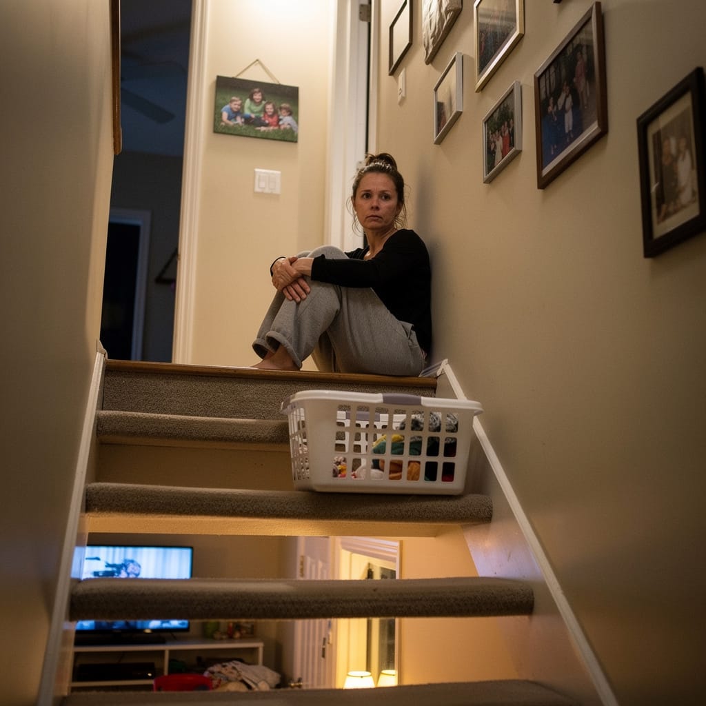 Woman sitting blankly on staircase showing parental burnout symptoms requiring intervention beyond basic self-care for parents strategies
