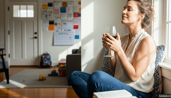 mother-window-seat-morning-light-deliberate-pause.jpg Woman on window seat with eyes closed holding mug in morning light showing deliberate parental self-care practice amid active family life