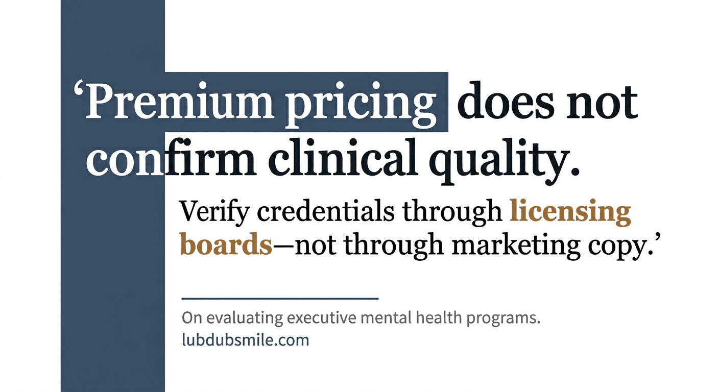 Editorial pull quote stating premium pricing does not confirm clinical quality relevant to evaluating executive therapy programs