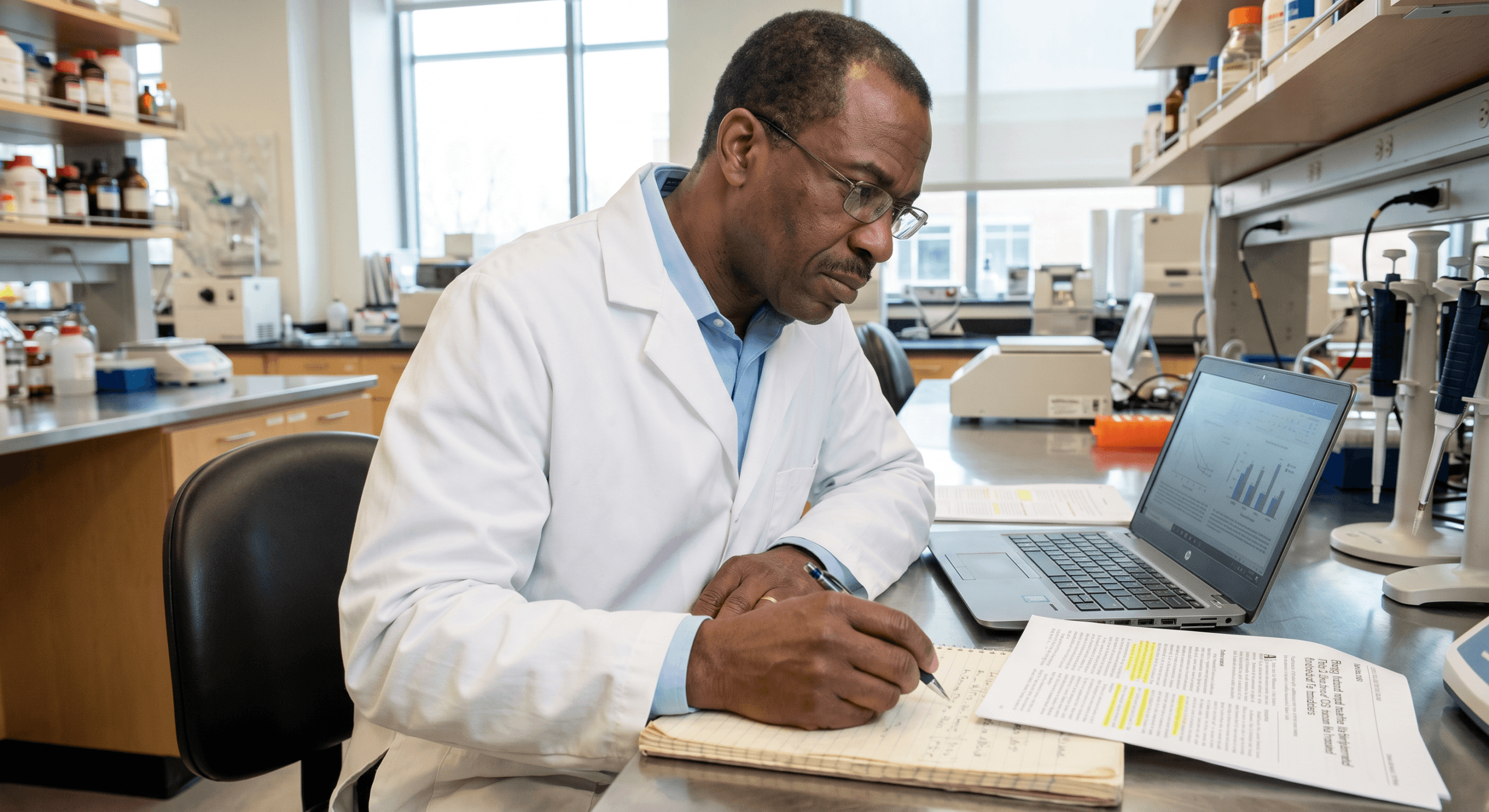 Black scientist reviewing clinical trial data in laboratory reflecting rigorous evaluation of NAD+ and cellular energy NMN research