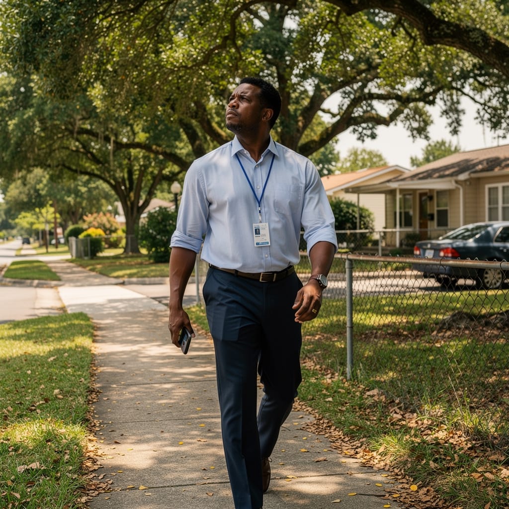 Black man in business casual walking on tree-lined sidewalk during lunch break supporting cognitive performance optimization for tech professionals through movement
