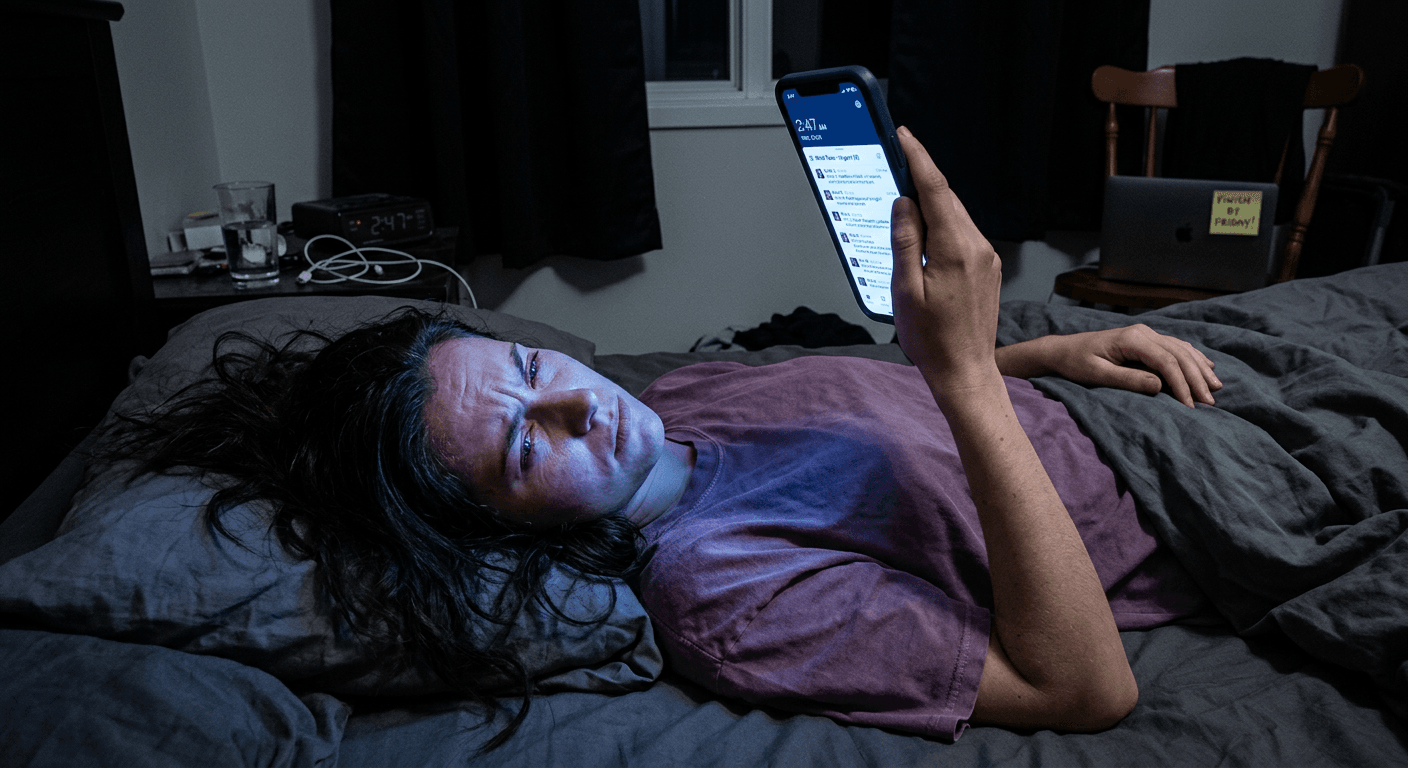 Woman checking work messages on phone at 2AM showing sleep disruption undermining cognitive performance optimization for tech professionals