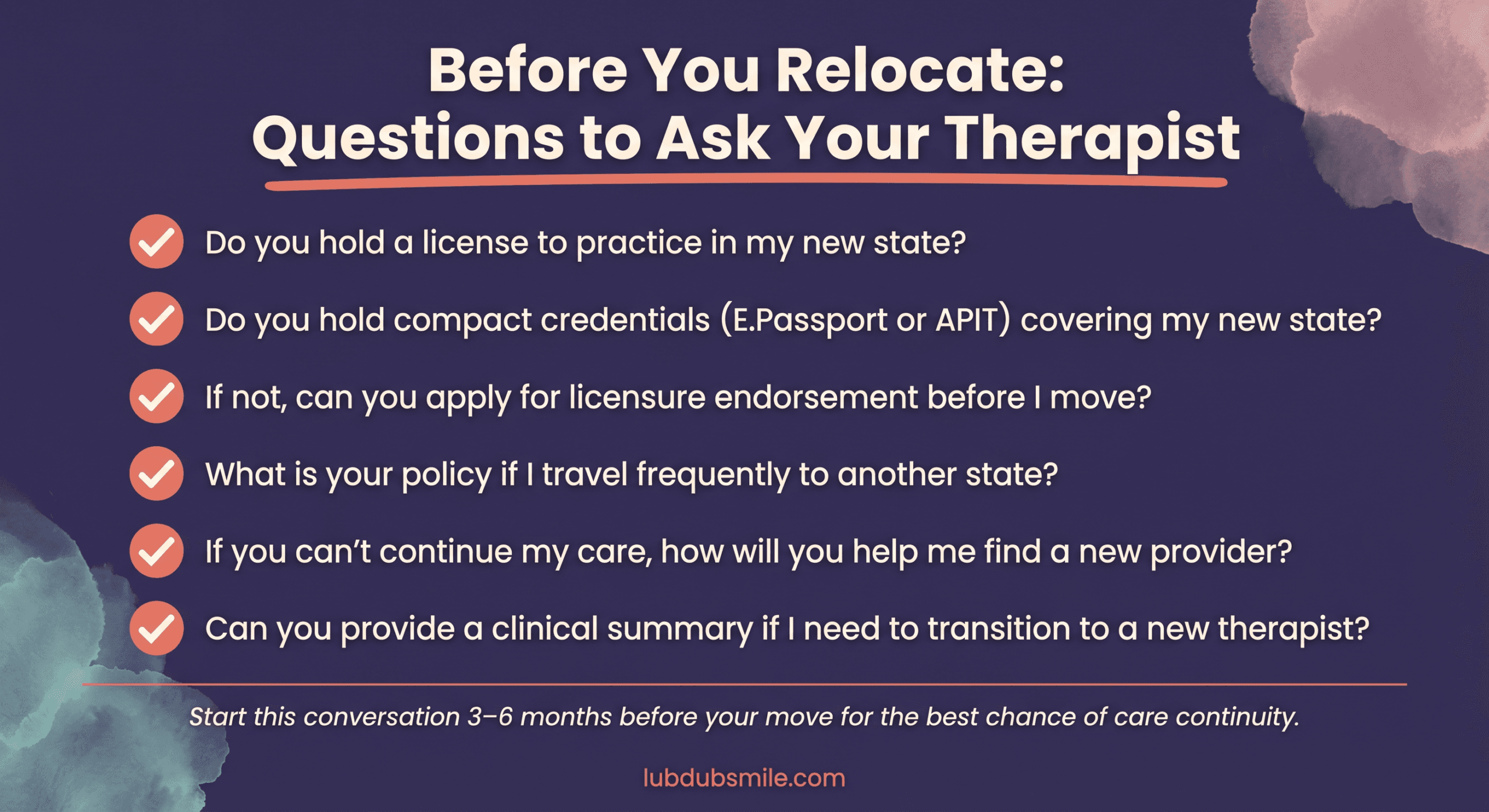Six-item checklist on indigo background listing questions to ask therapist before relocating about telehealth therapy across states continuity
