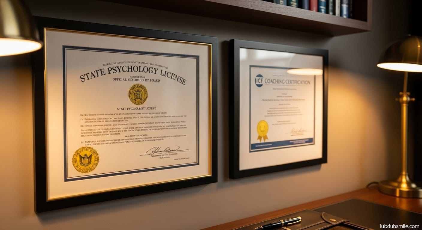 Framed psychology license in focus with coaching certification behind illustrating credential differences in executive therapy programs