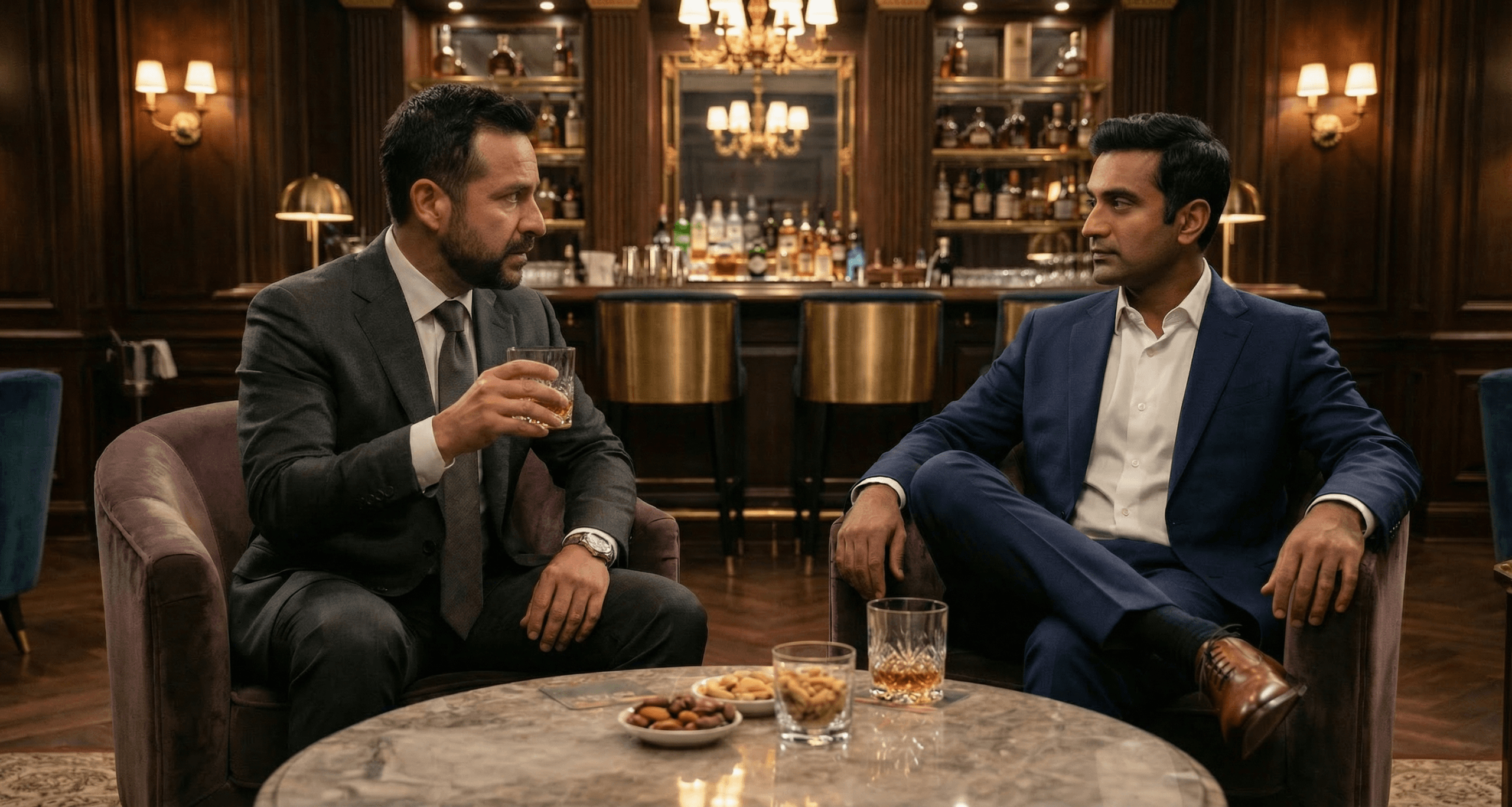 Two men in their forties having vulnerable personal conversation at bar showing emotional dimension of redefining strength after 40