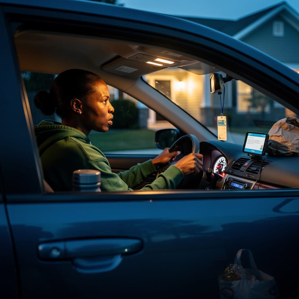 Black woman in parked car practicing boundary statements aloud showing preparation required for setting boundaries with my mother