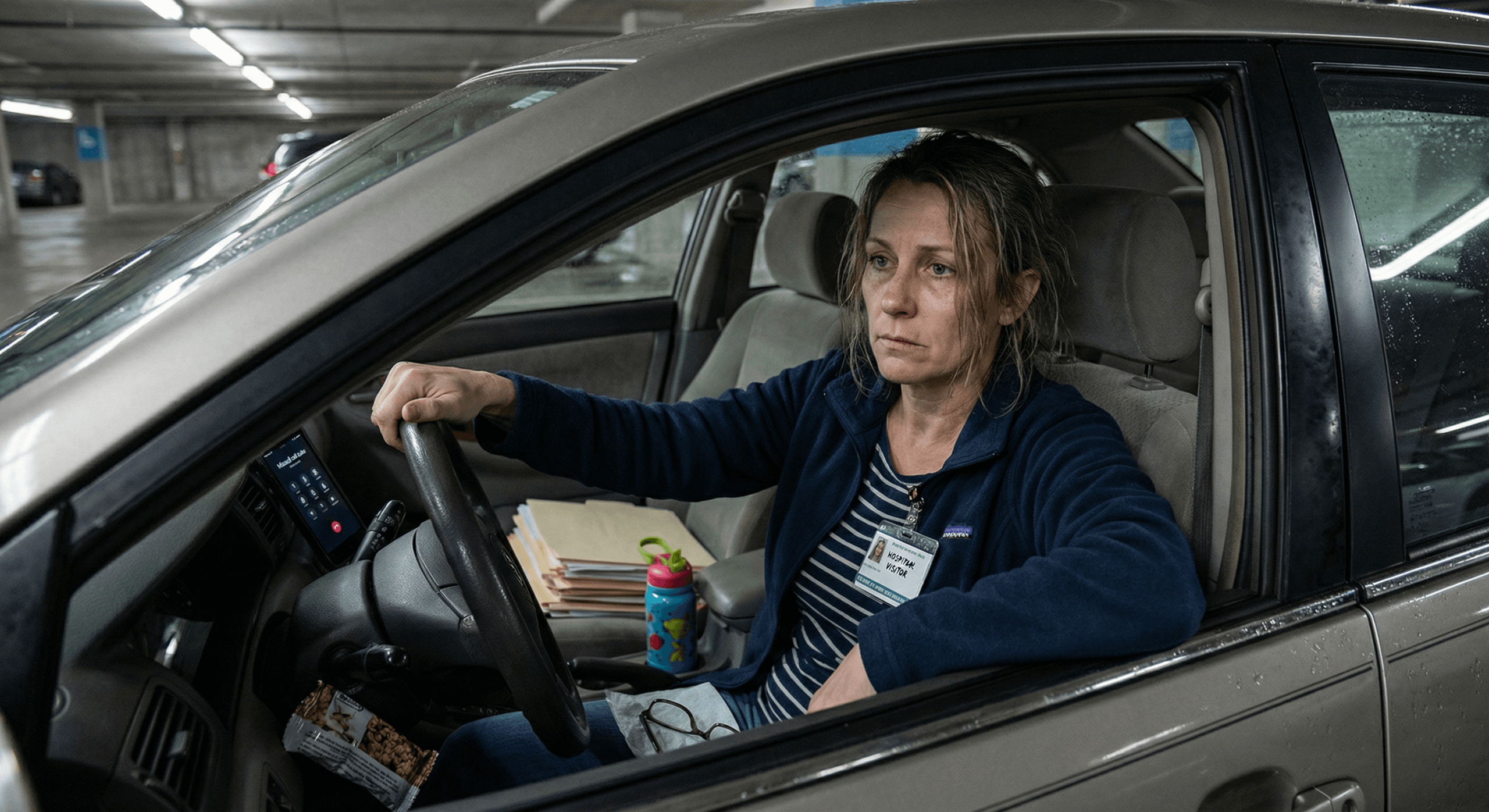 Woman in car after hospital visit with visitor badge showing sandwich-generation caregiving demands requiring redefining strength after 40