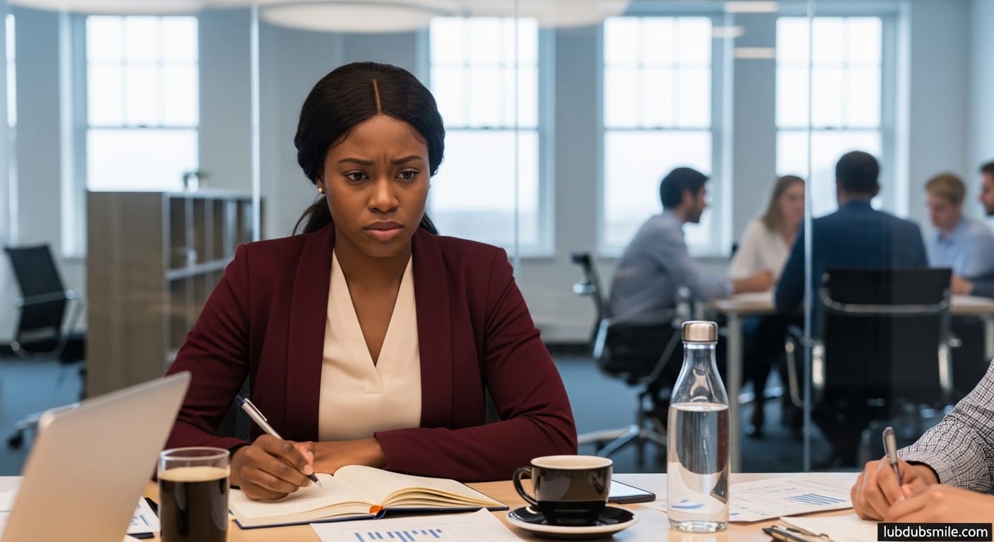 Black woman in afternoon meeting showing effortful concentration illustrating blood sugar instability eating as self-care practice prevents