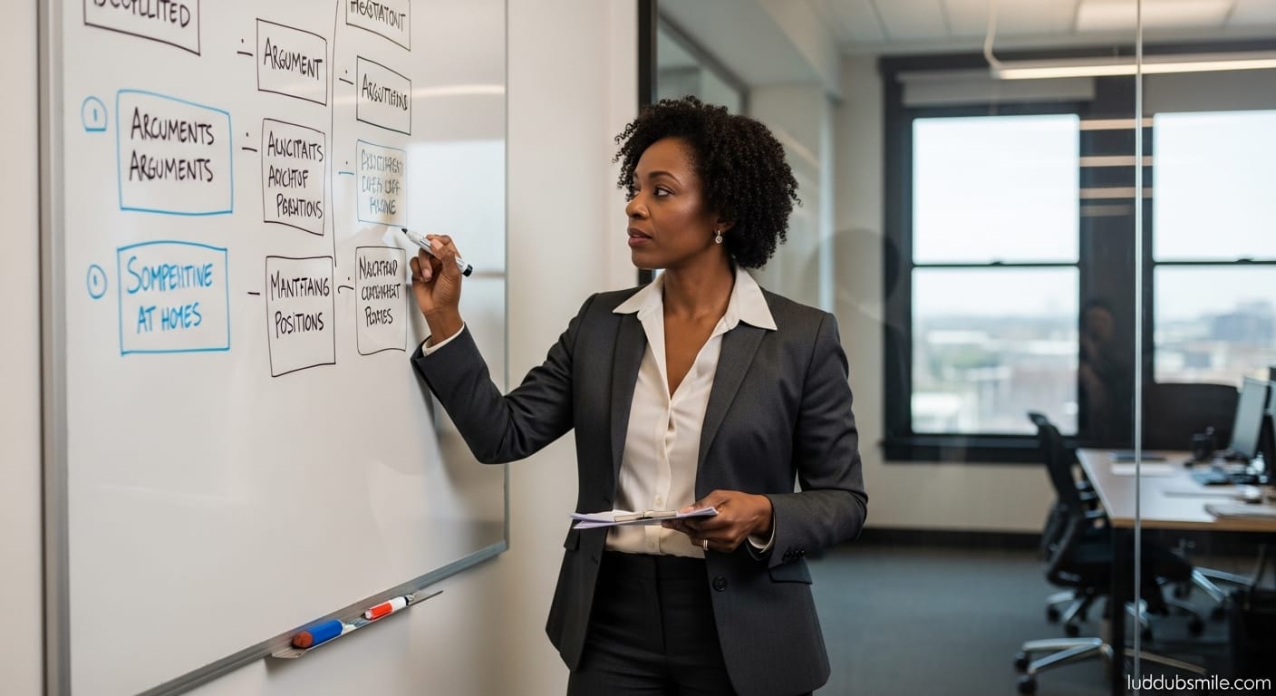 Black professional woman at whiteboard mapping argument points showing communication skills that create high achieving couples communication problems at home