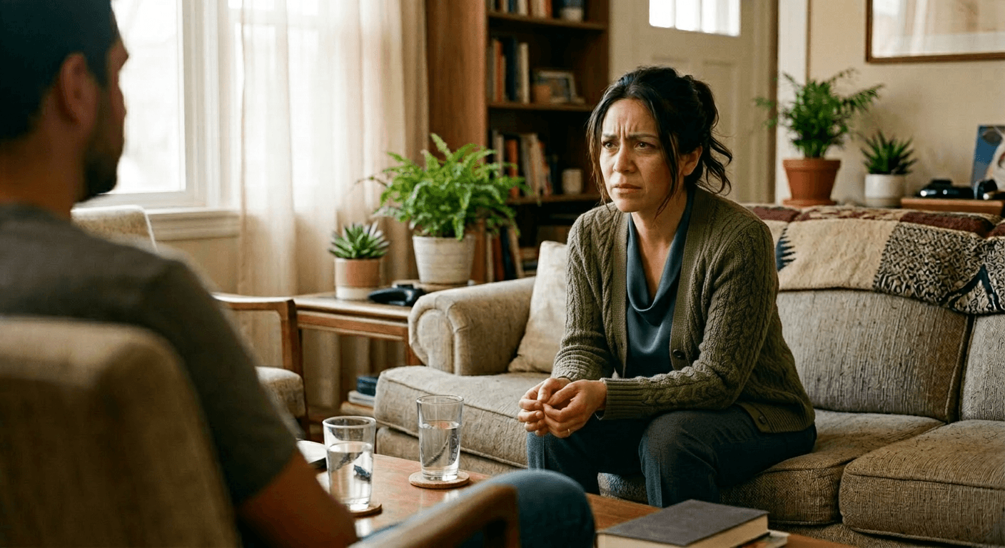 Latina woman on couch practicing engaged listening with visible effort showing how to stop defensive behavior through receptive presence