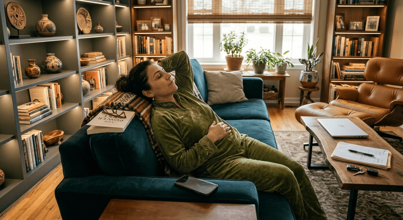 Middle Eastern woman lying on couch deliberately resting during afternoon showing proactive rest as redefining strength after 40 practice
