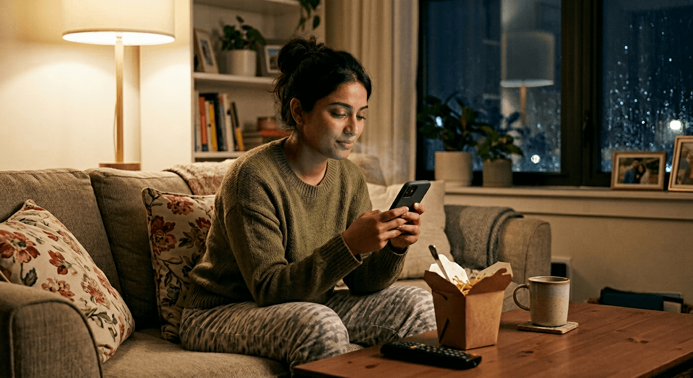 South Asian woman on couch exhaling with visible relief after partner accepted her boundary showing key green flags in a new relationship
