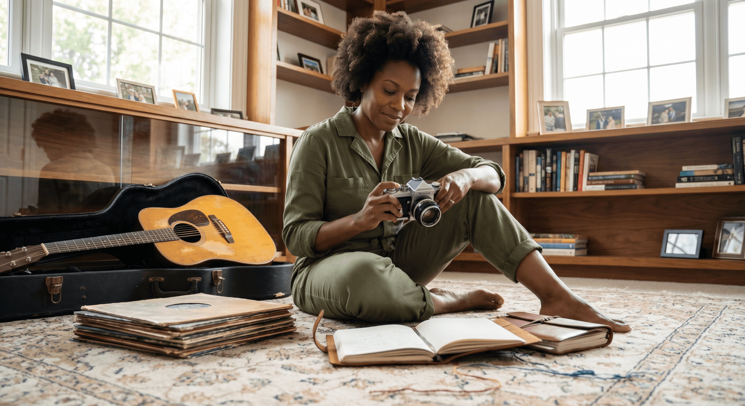 Black woman on studio floor holding old film camera surrounded by guitar and journals showing active archaeology of rebuilding your sense of self