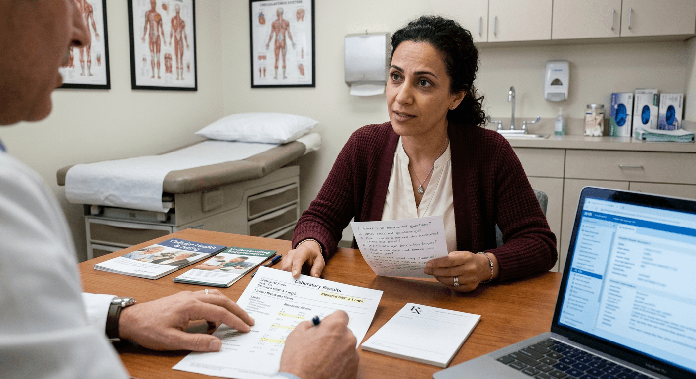 Middle Eastern woman in medical office consultation discussing cellular health after 40 interventions with physician showing informed collaboration
