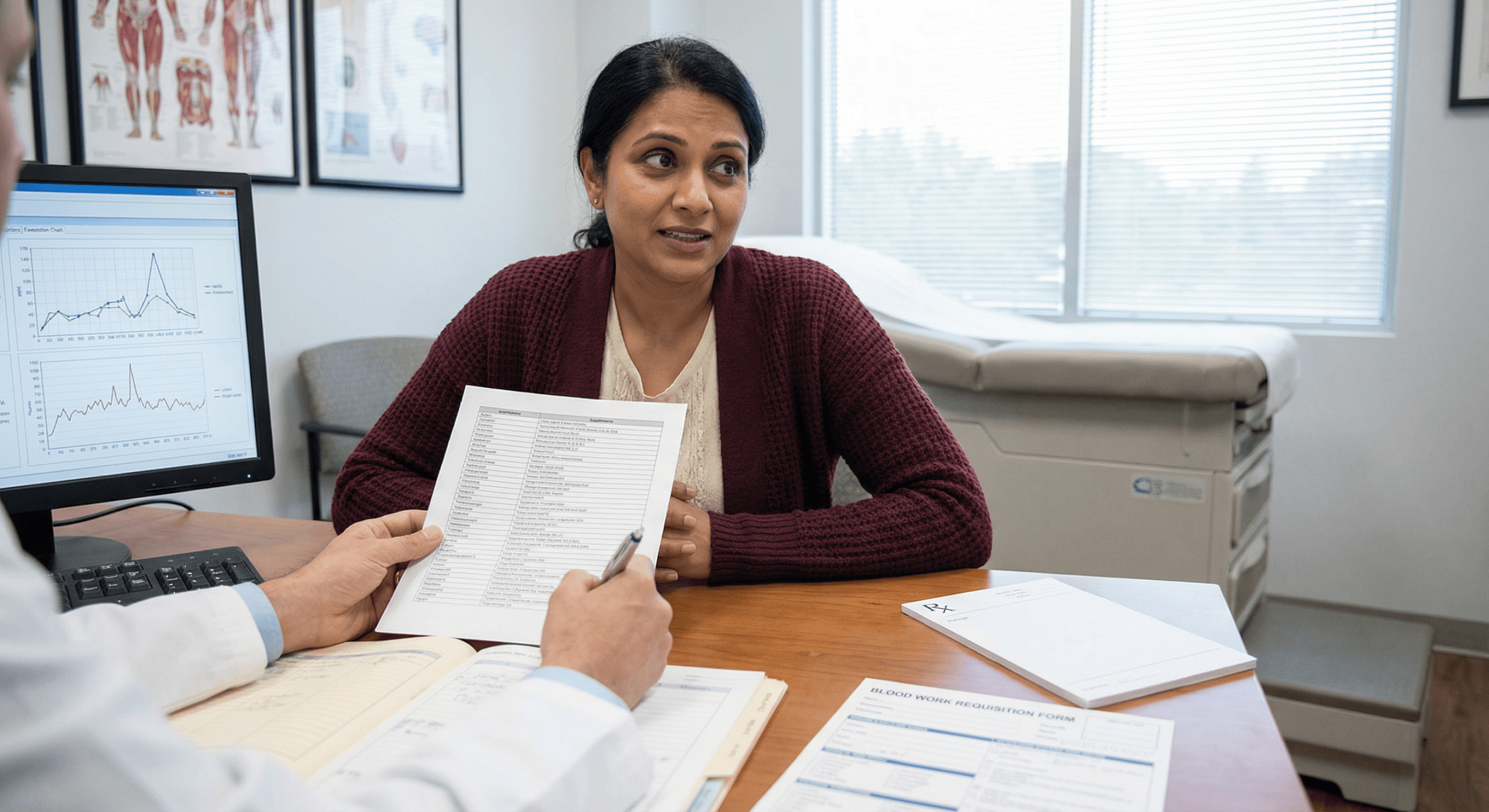 South Asian woman showing full supplement list to physician requesting review showing clinical collaboration improving supplement stacking safety