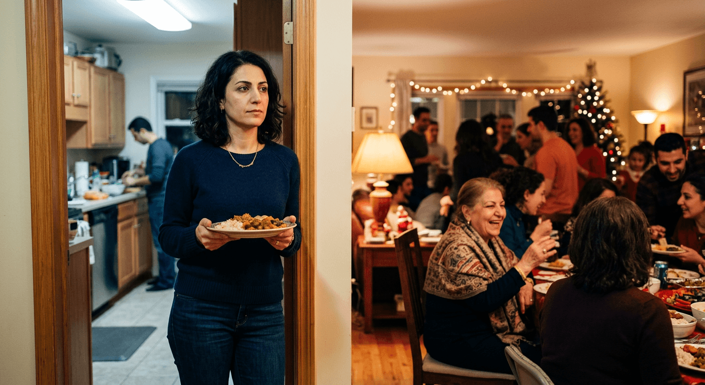 Middle Eastern woman standing in doorway at family gathering maintaining careful distance showing ongoing work of setting boundaries with my mother