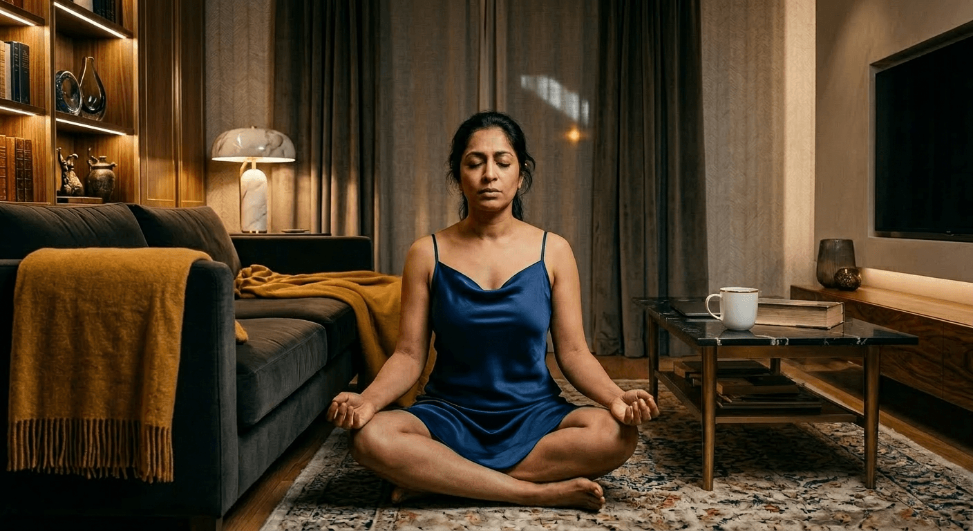 South Asian woman on living room floor doing deliberate extended exhale breathing practicing nervous system regulation for sleep hygiene for anxious adults