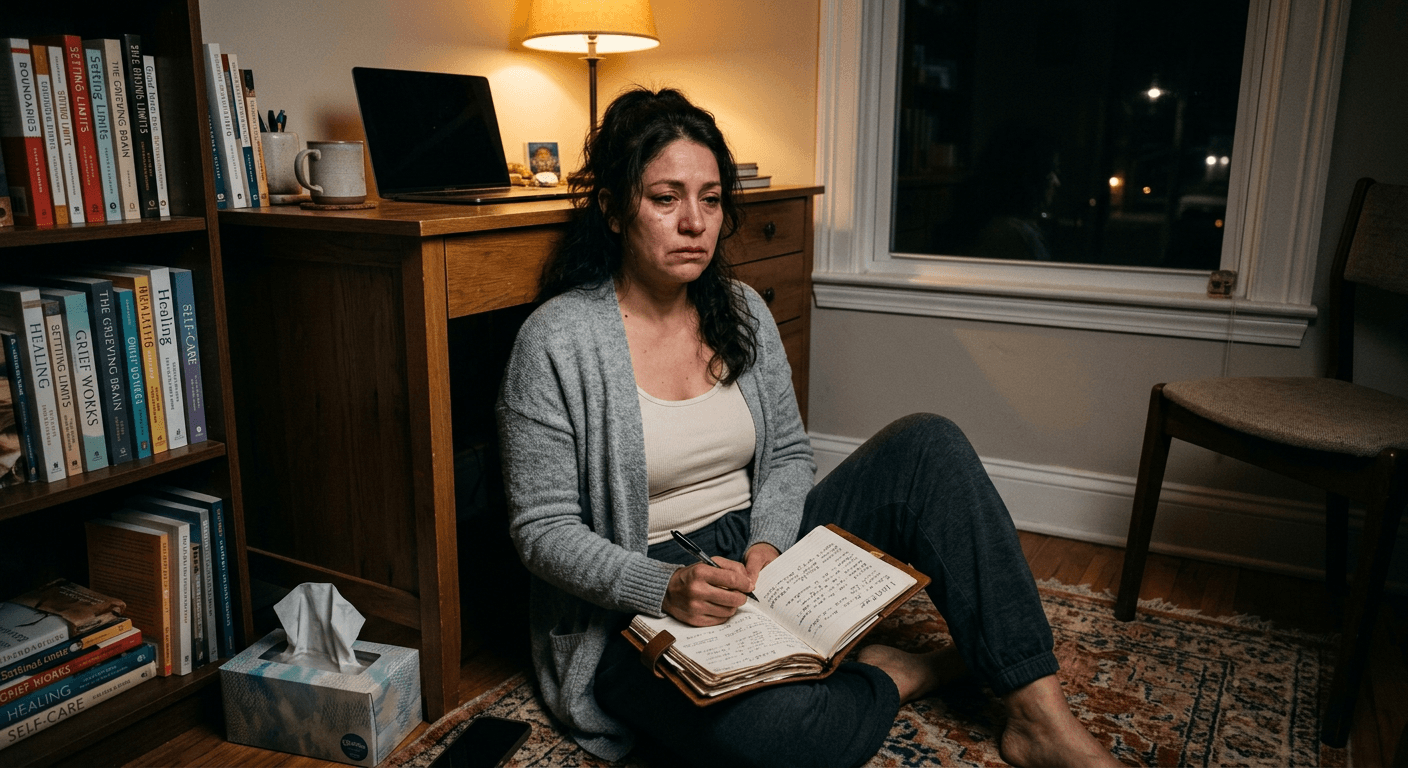 Latina woman sitting on floor with journal processing emotional aftermath of setting boundaries with my mother through grief work