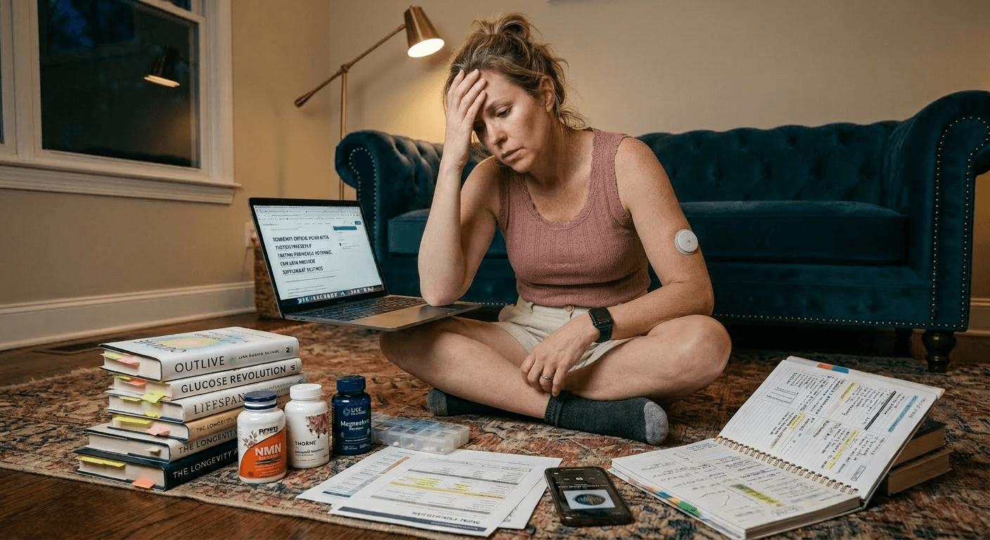 Woman on living room floor surrounded by wellness products, trackers, and longevity articles showing when pursuing healthy aging without obsession fails