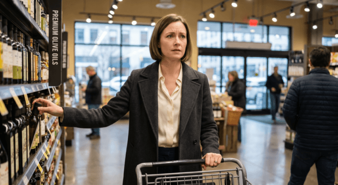 woman-grocery-store-olive-oil-aisle-identity-disorientation.jpg Woman standing motionless in grocery store aisle with unfocused expression showing identity disorientation central to rebuilding your sense of self