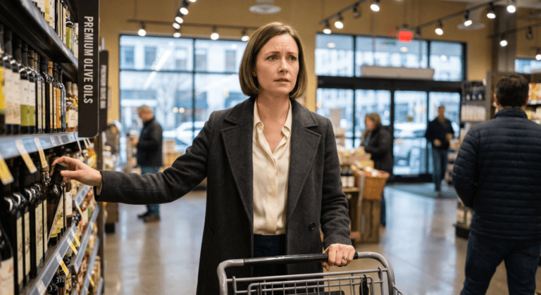 Woman standing motionless in grocery store aisle with unfocused expression showing identity disorientation central to rebuilding your sense of self