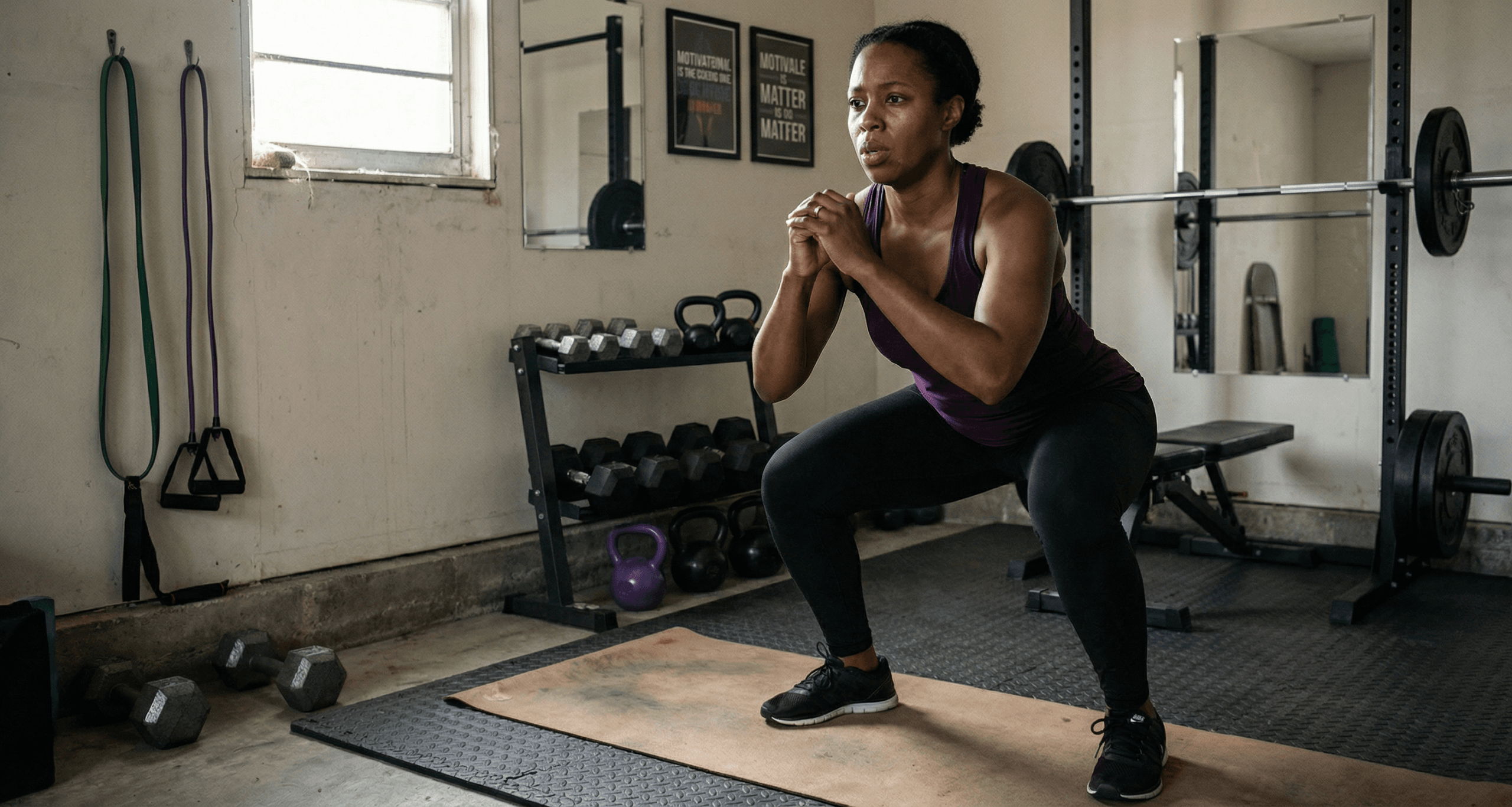 Black woman doing bodyweight squats in basic home gym showing resistance training foundation for healthy aging in your 30s practices