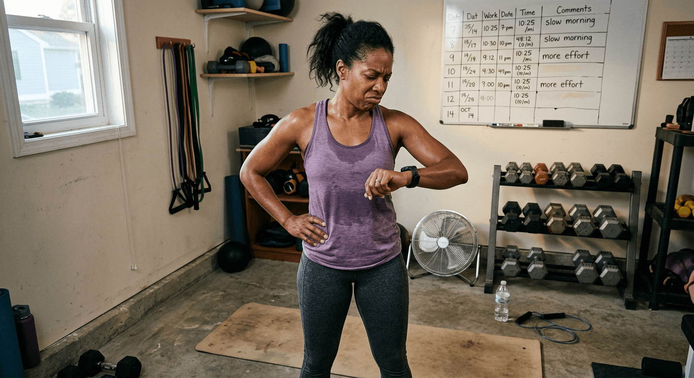 Black woman in home gym checking fitness tracker with frustrated recognition showing measurable mitochondrial changes affecting cellular health after 40