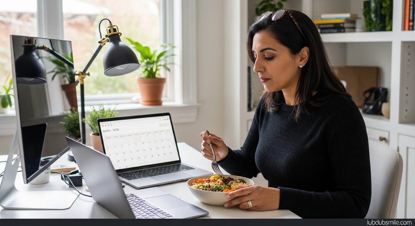 Woman eating prepared lunch at home desk with laptop closed showing deliberate eating as self-care structure for remote workers
