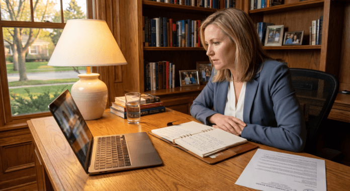 woman-home-office-video-therapy-session-licensing-notice.jpg Professional woman at home office desk engaged in telehealth therapy across states video session with licensing notification visible