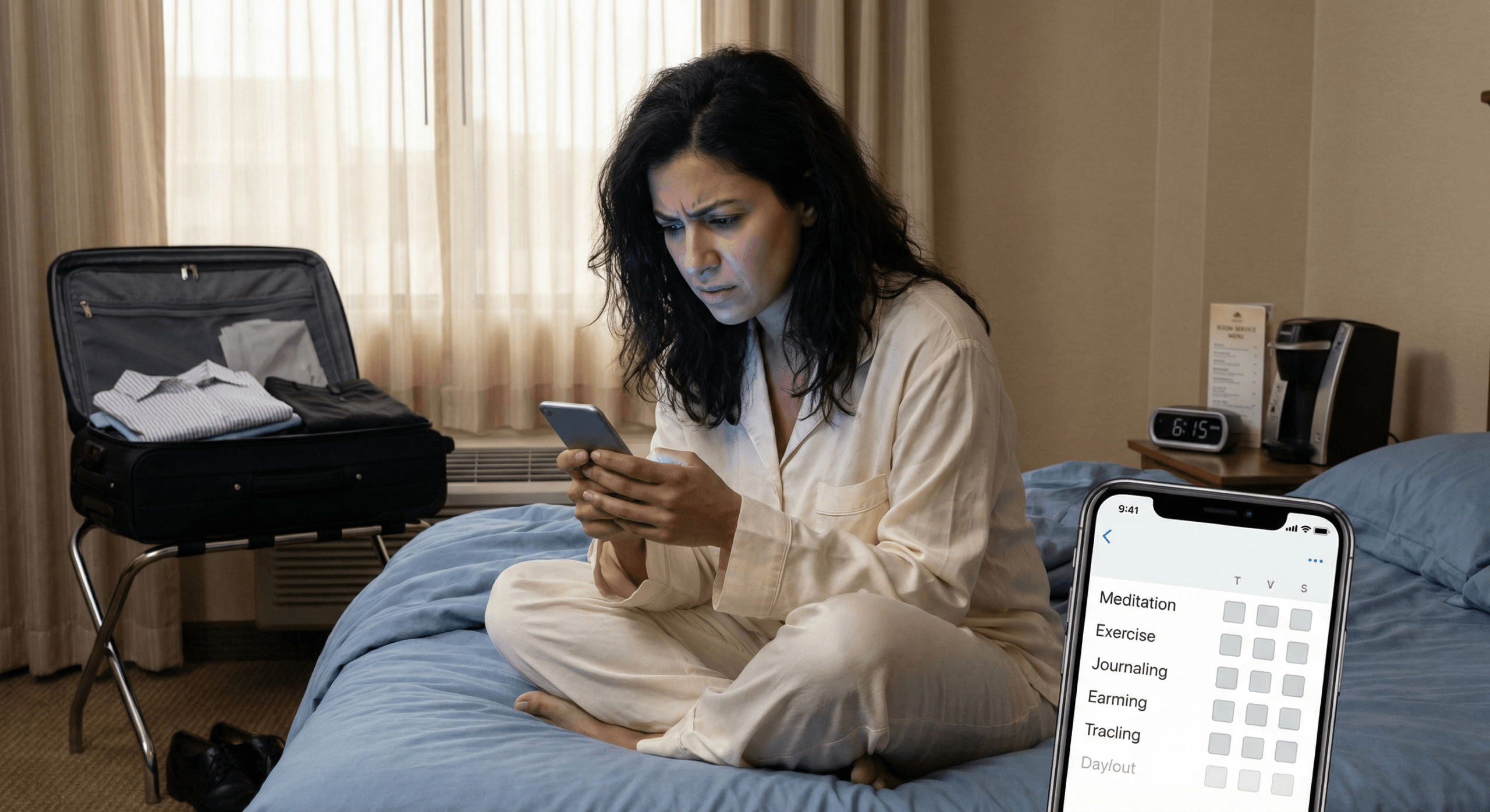 Woman on hotel bed stressed by missed routine checkboxes showing rigidity problems in morning routines of high performers approach