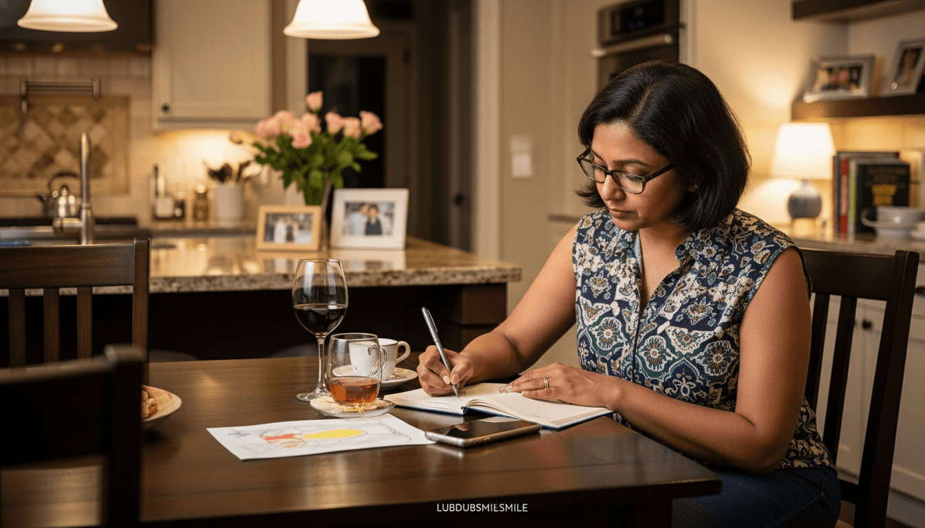 South Asian woman journaling at kitchen table in evening showing guilt and relief coexisting in parental self-care practice