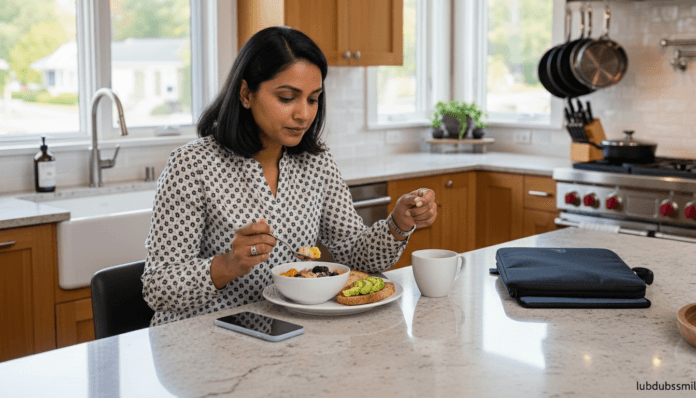 woman-kitchen-island-breakfast-eating-as-self-care-morning.jpg South Asian woman eating unhurried breakfast at kitchen island with phone face-down showing eating as self-care as structural daily habit