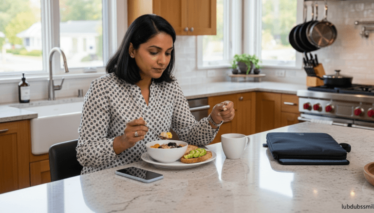 South Asian woman eating unhurried breakfast at kitchen island with phone face-down showing eating as self-care as structural daily habit