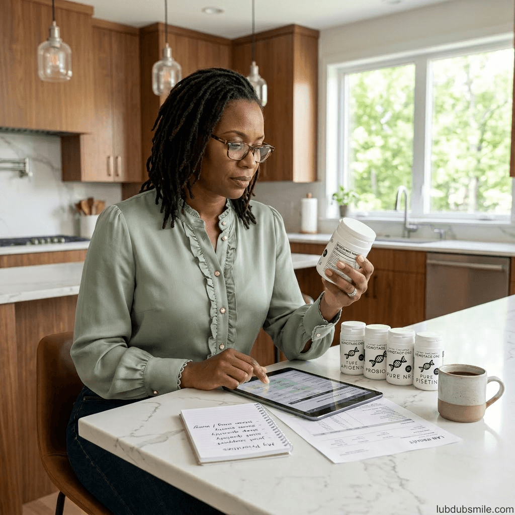 Woman reviewing DoNotAge bottles with lab results and notes while refining a personalized longevity supplement protocol