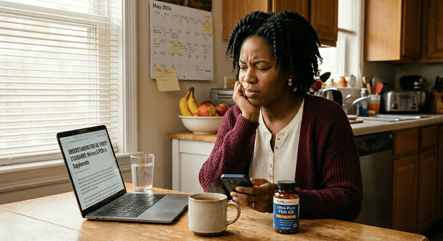 Black woman researching fish oil purity standards on laptop with supplement bottle showing skepticism toward quality omega-3 supplements marketing claims