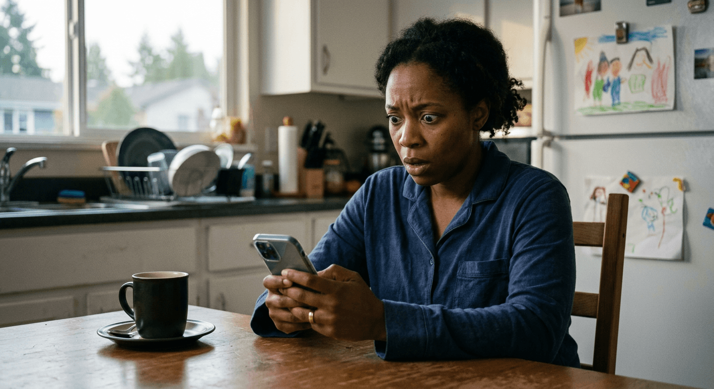 Black woman in pajamas at kitchen table holding phone with shock expression after discovering emotional infidelity and physical infidelity evidence