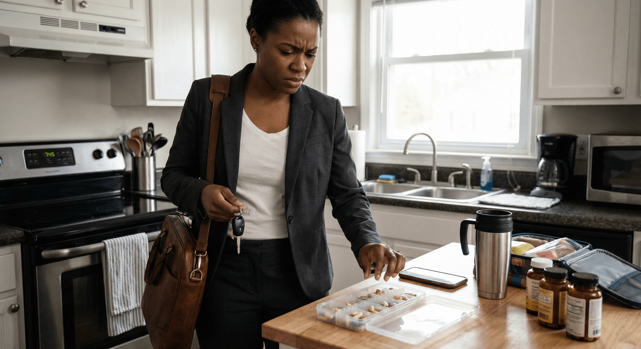 Black woman rushing to leave for work realizing she missed morning supplements showing adherence challenges of supplement stacking regimens