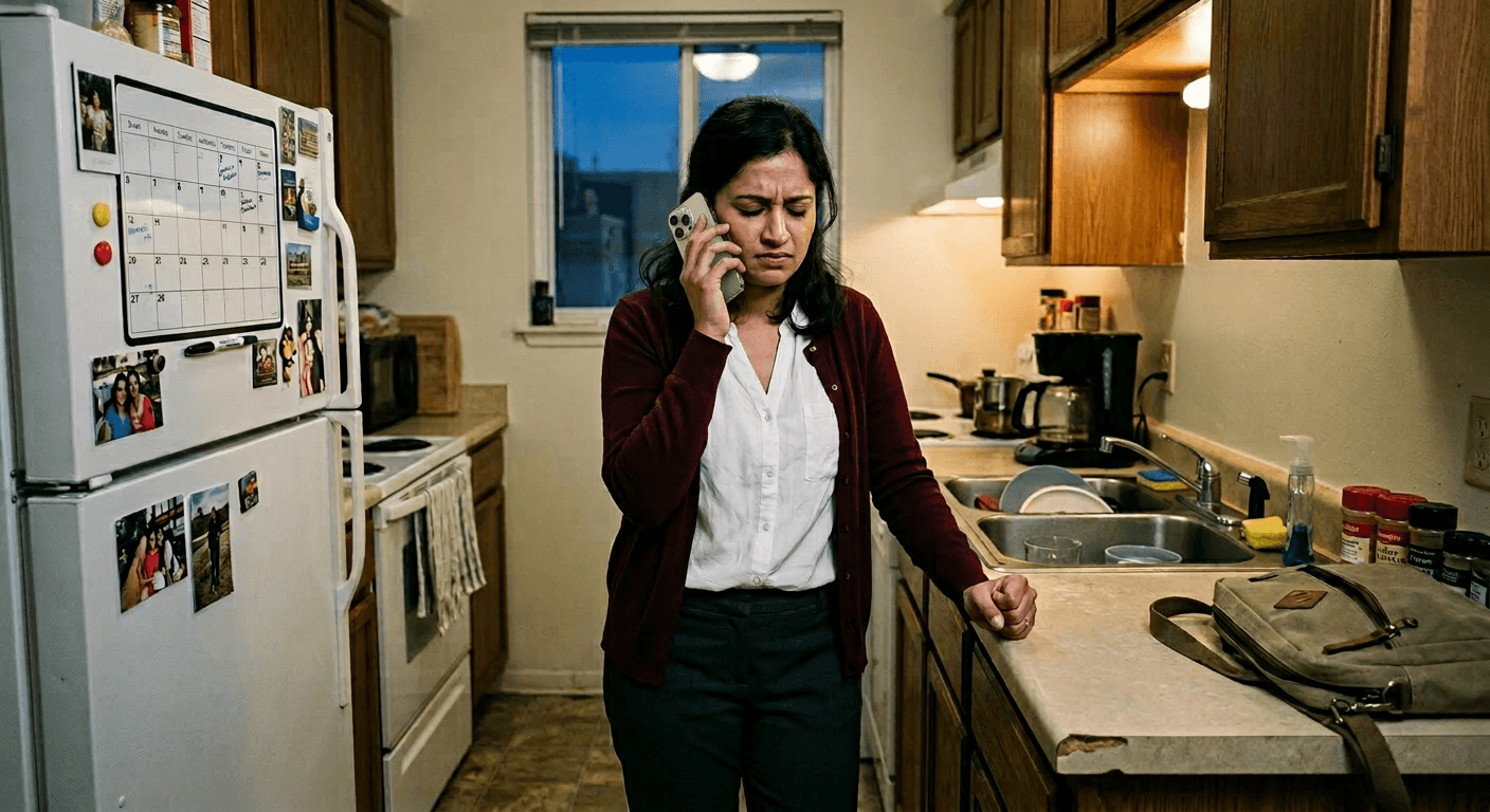 South Asian woman gripping kitchen counter during phone call showing moment of clarity about setting boundaries with my mother necessity