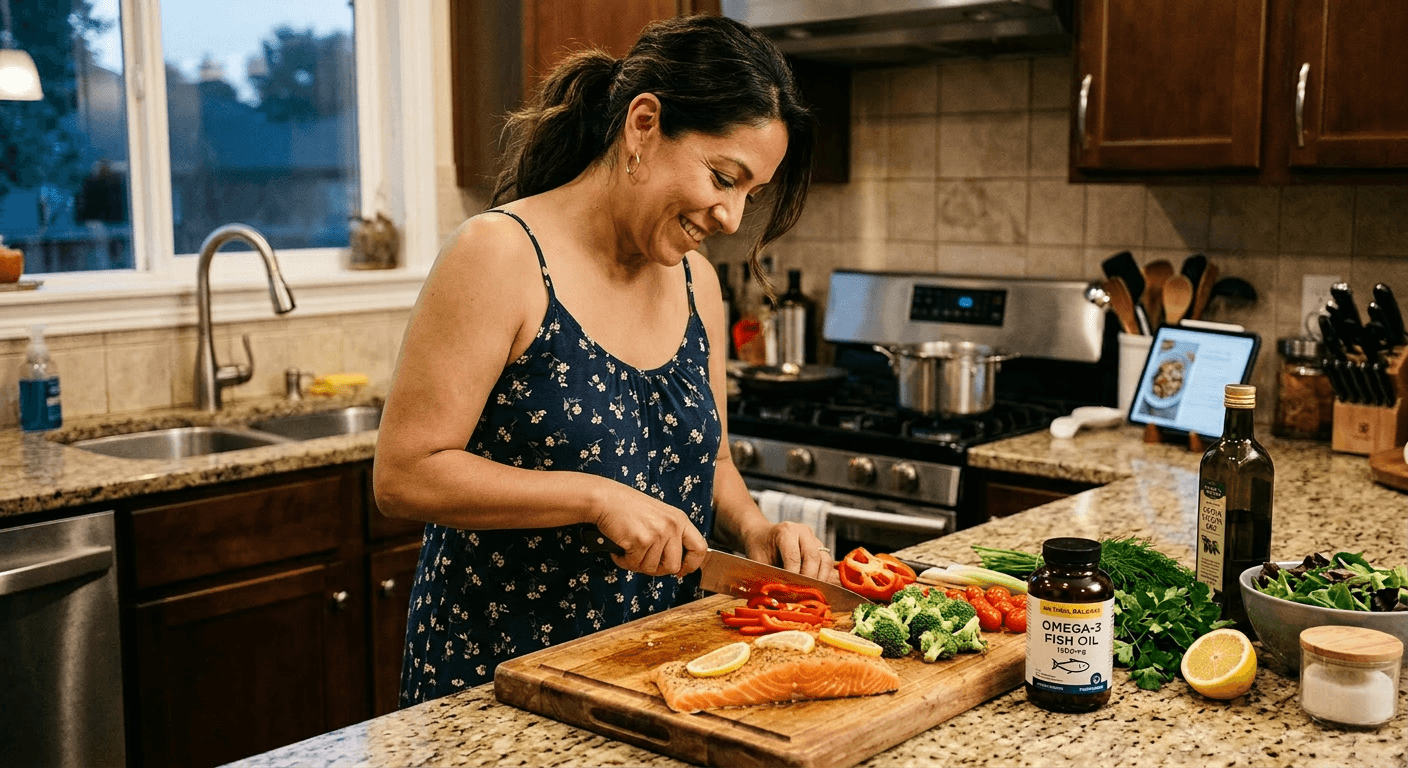 Latina woman preparing fresh salmon alongside omega-3 supplement bottle showing balanced approach to quality omega-3 supplements and dietary sources